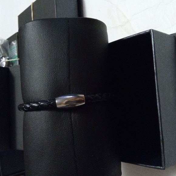 Men stainless steel SM pu leather black silver bracelet 8.1" - Picture 1 of 5